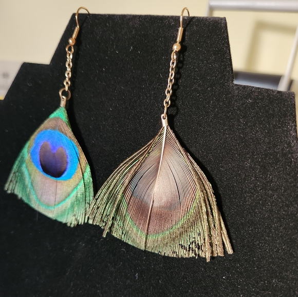 Real peacock feather earrings - Picture 6 of 6